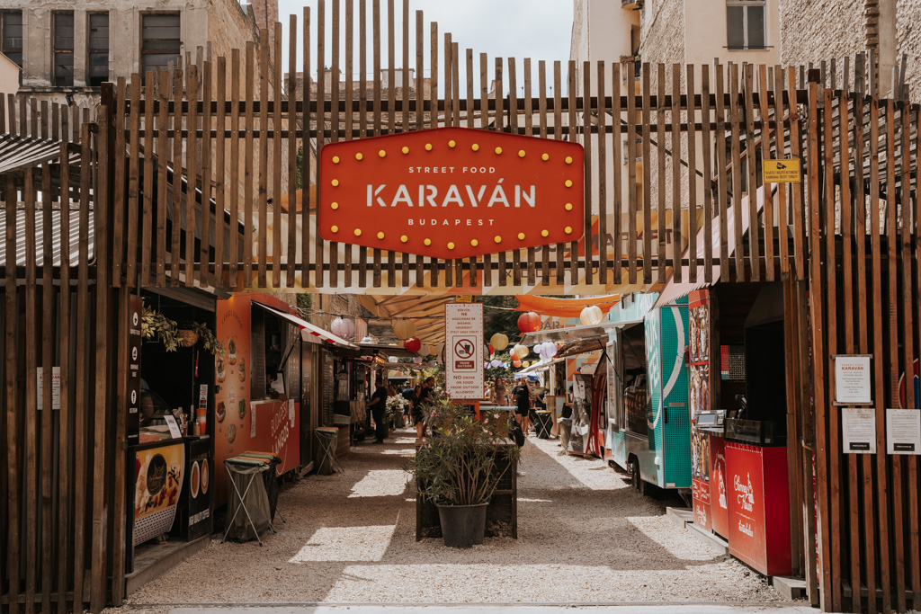 Street food park entrance in 7th district Budapest where to stay