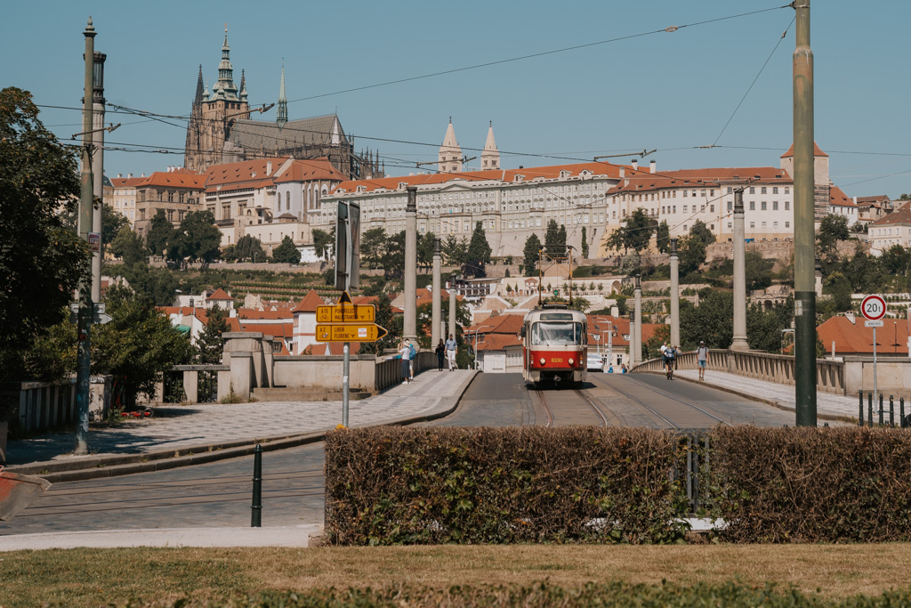 tram crossing the bridge from Prague Castle to Old Town Prague