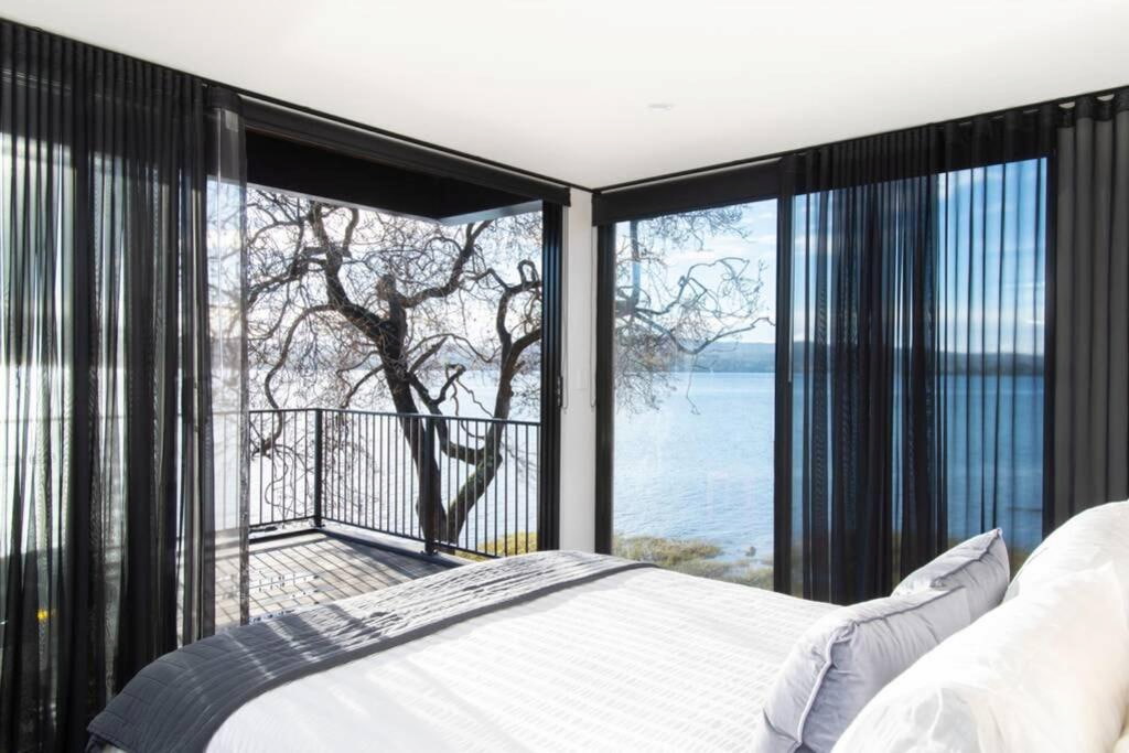 View from an elegant room with black sheer curtains and a tree on the outside