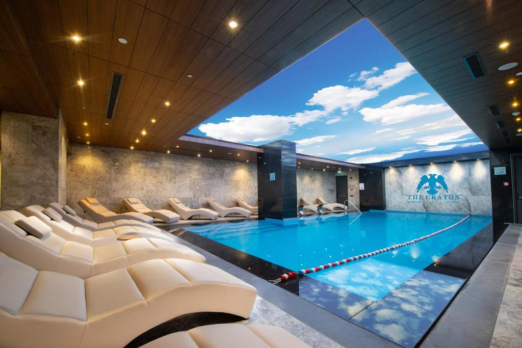 An indoor pool with artificial sky in one of the best hotels in Istanbul with pool