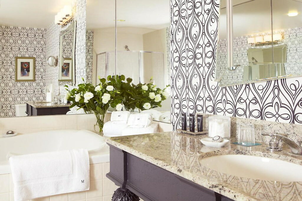 View of the luxury hotel in SF with an elegant bathroom, with a tub