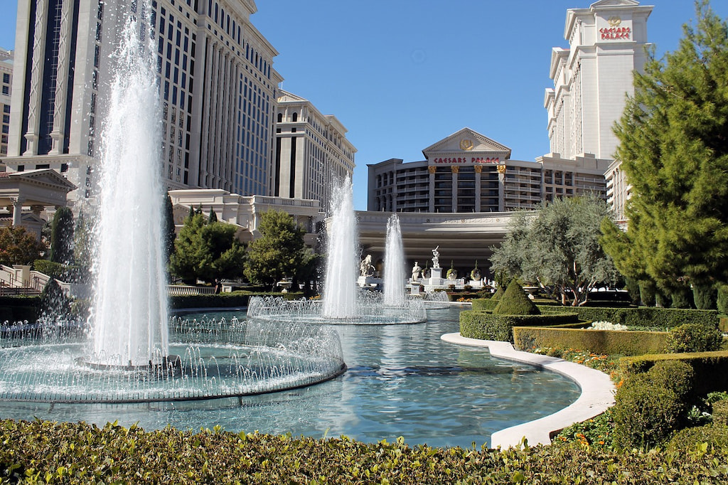water fountains surrounded by tall hotel buildings in Las Vegas, Nevada