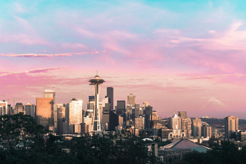 pink skies over the skyline of Seattle Washington