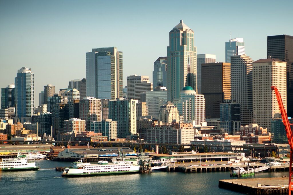 seattle skyline with ferry terminal in front