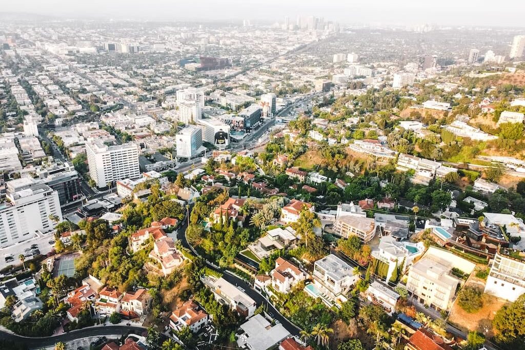 Aerial view of the West Hollywood on a sunny day.