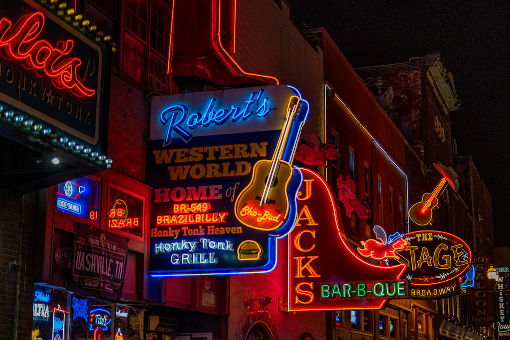 neon lit signs along Nashville's Broadway