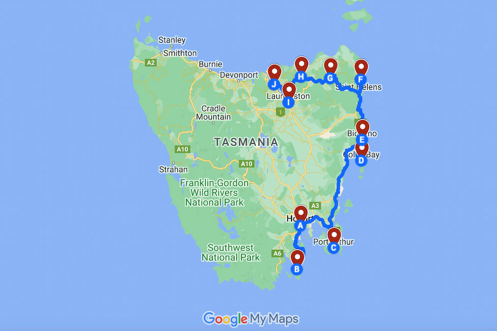 map of east coast Tasmania road trip route with marked stops