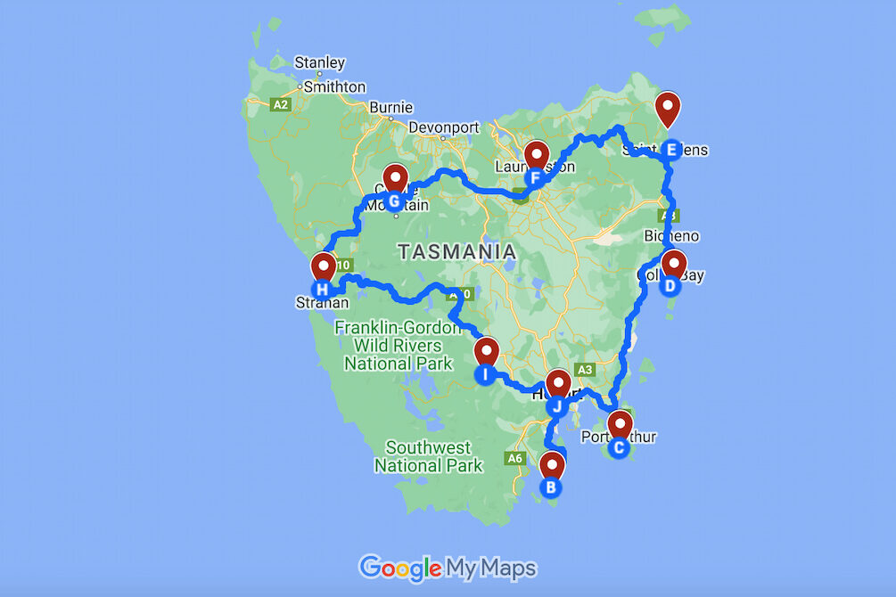 map of tasmania road trip with overnight stops marked along the way