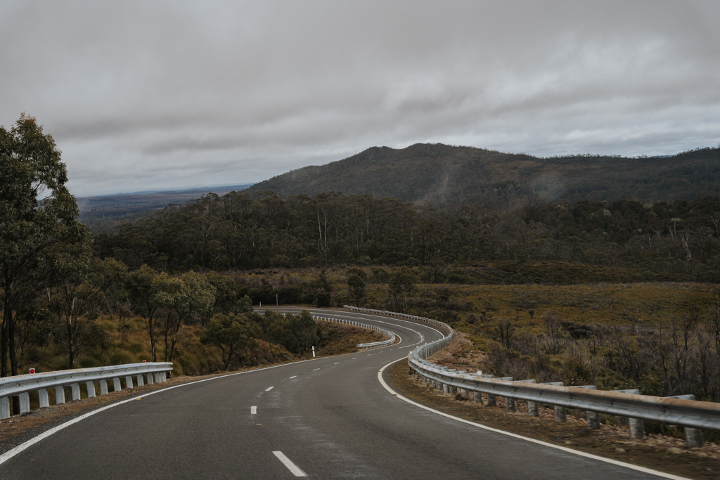 cold day and wintery climate along a road outside of Cradle Mountain National Park in Tasmania