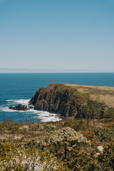 rugged coastline with low barren landscape and bright blue ocean on a sunny day in Tasmania's Bruny Island