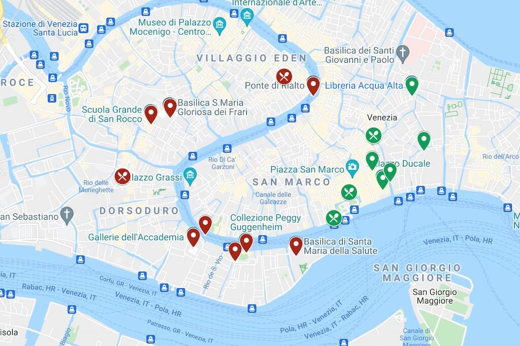 map of all the best things to do on a two days in Venice Italy itinerary