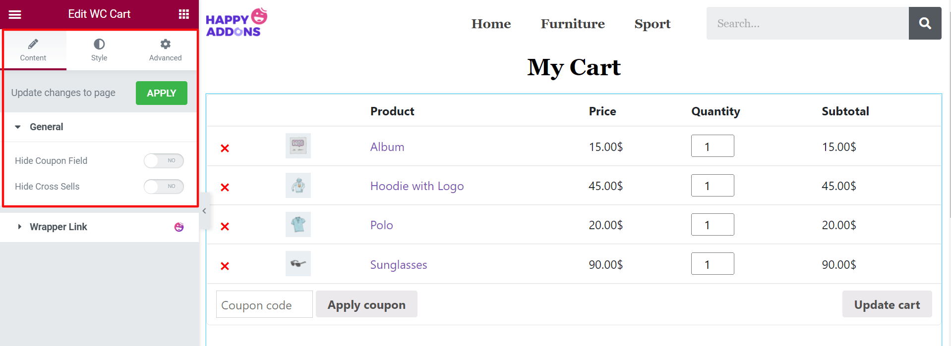 Hide and Show Coupon and Cross Sells of WC Cart