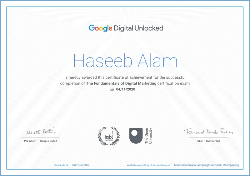 haseeb alam google digital marketing certificate