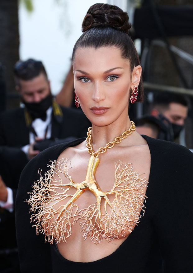 Bella Hadid Shows Off Black Dress & Tree Like Necklace At Cannes ...