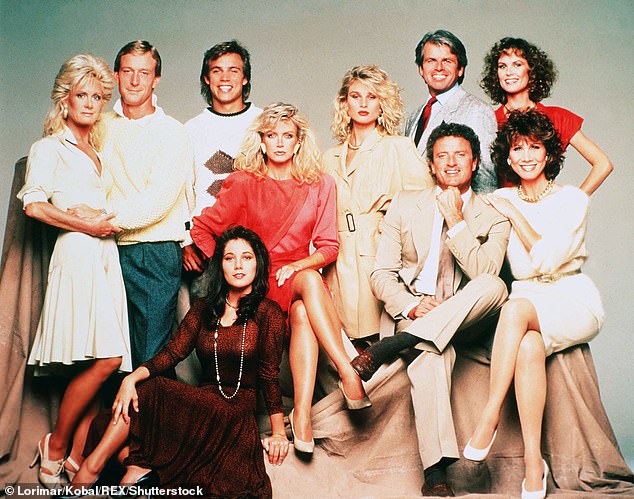 The cast of Knots landing is pictured: Joan Van Ark, Ted Shackelford, Donna Mills, Nicolette Sheridan, Kevin Dobson, William Devane, and Michele Lee