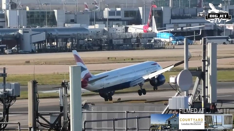 Close shave: This is the shocking moment a pilot struggled to land a British Airways plane at Heathrow Airport in London during a storm in February, which brought gusts of up to 92mph