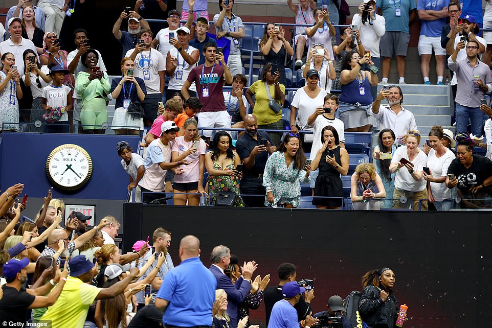 Fans cheer as Serena Williams of the United States walks onto the court prior to her Women's Singles First Round match against Danika Kovinic of Montenegro on Day One of the 2022 US Open at USTA Billie Jean King National Tennis Center on Monday in Queens