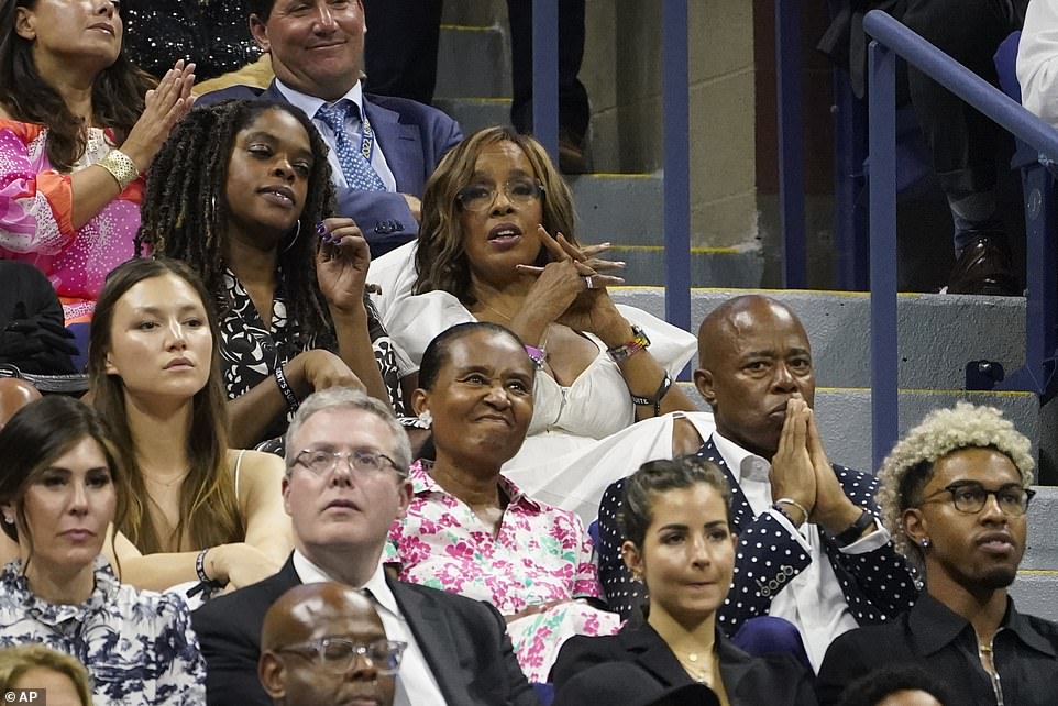 Gayle King, center, in addition to New York City Mayor Eric Adams, center right, and New York Mets shortstop Francisco Lindor (lower right) are all pictured seated at Serena Williams' match in Queens on Monday night