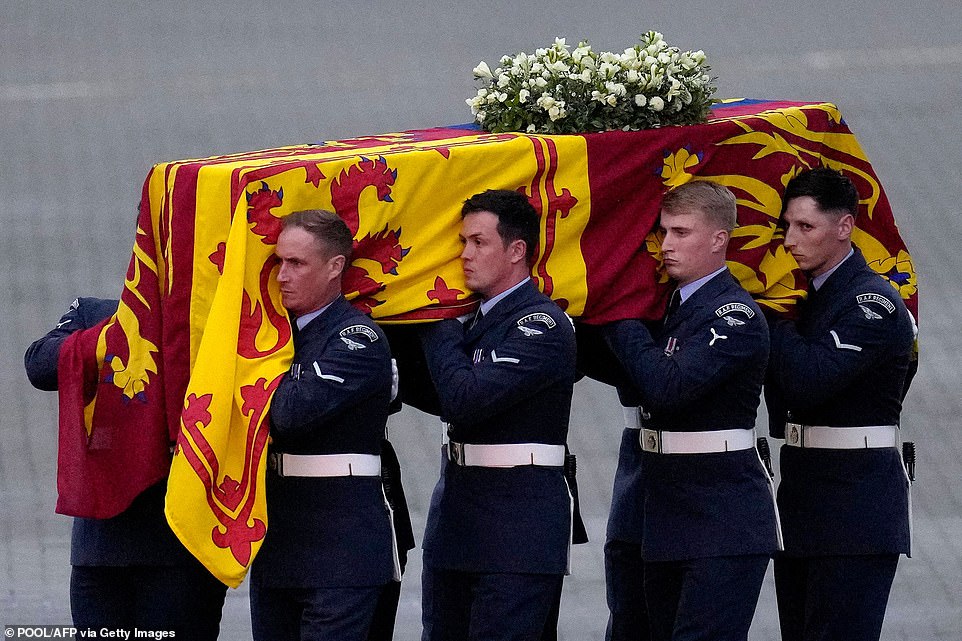 The Queen will be moved to the Palace of Westminster where she will lie in state. Pictured: Pallbearers from the Queen's Colour Squadron (63 Squadron RAF Regiment) carry the coffin of Queen Elizabeth II to the Royal Hearse having removed it from the C-17 at RAF Northolt
