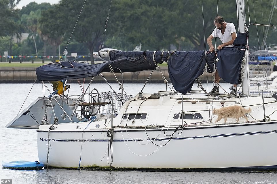 A man, along with his Macaw and cat, prepares his sailboat on the Davis Islands yacht basin in Tampa, Florida