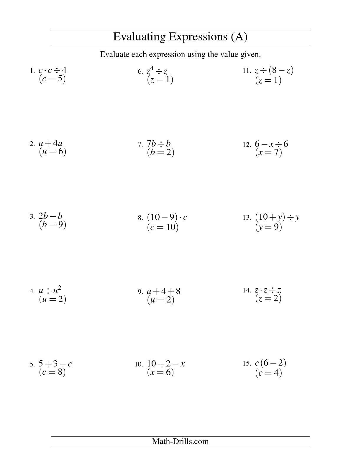 Algebraic Expressions Grade 11 Worksheets Pertaining To Evaluating Variable Expressions Worksheet