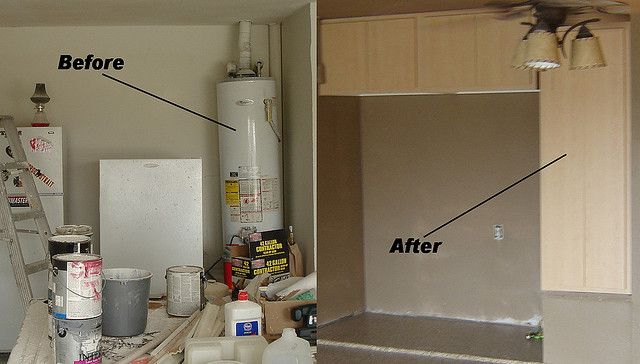 Custom Garage Cabinet Installation Hiding Water Heater Water