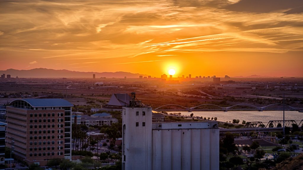 Downtown Phoenix at sunset as seen from Hayden Butte in Tempe near Tempe Town Lake.