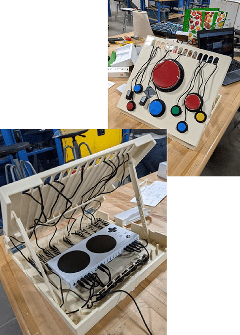 Top right has the Adaptive Play Surface sits open so that you can see the top panel surface. On the surface sits a large red button in the middle with 8 smaller switches surrounding it. The wires for each switch feed through holes in the surface at the top of the panel. Bottom right has the Adaptive Play Surface sits open with its lid being held open by two arms. An XAC with many wires sits within, with the wires being wrapped around pegs for management.