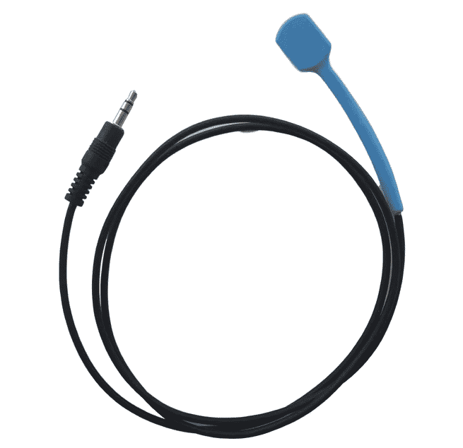 A blue rubber square piece attached to a cable. The blue rubber part also extends down the cord slightly. 