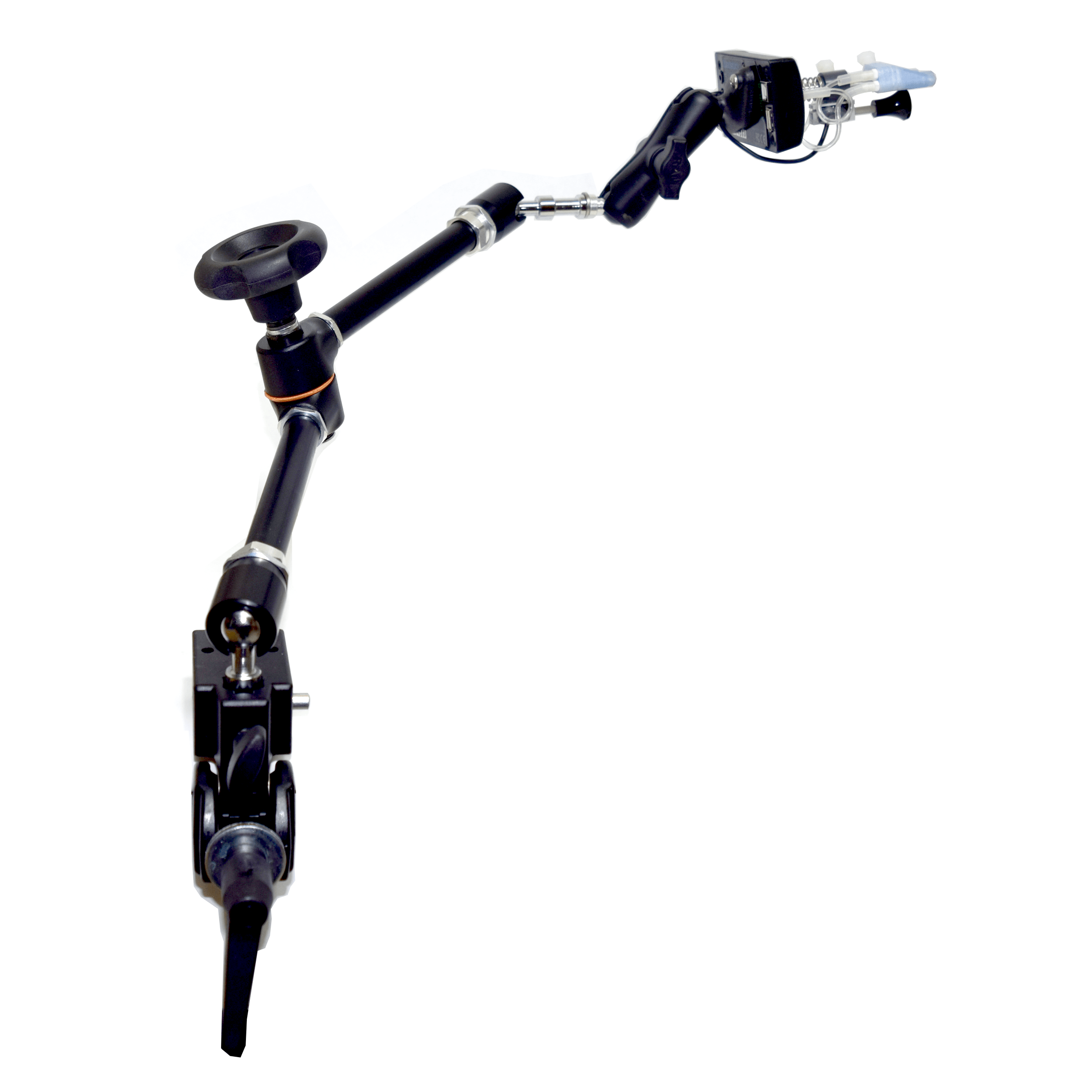 A long, black, flexible mount attached to a Quadstick.