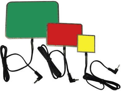 Three square touch pads. The left one is a large, green one, the middle one is a medium-sized, red one, and the right one is a small, yellow one. 