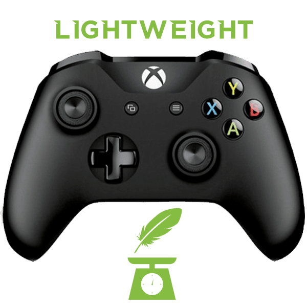 A black Xbox One controller with the words "Lightweight" printed above. A small feather and scale icon are printed below it.