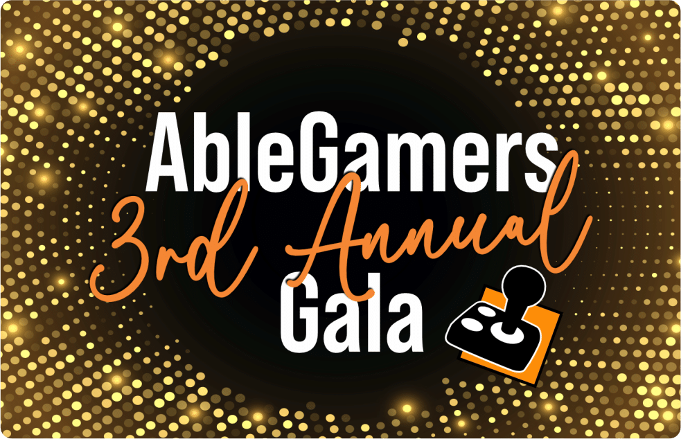 a glowing gold twinkle light background with text that says 'AbleGamers 3rd Annual Gala'