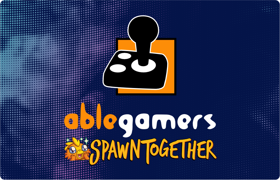 The AbleGamers logo with the joystick larger and centered at the top. Under the logo is text that says 'SpawnTogether'