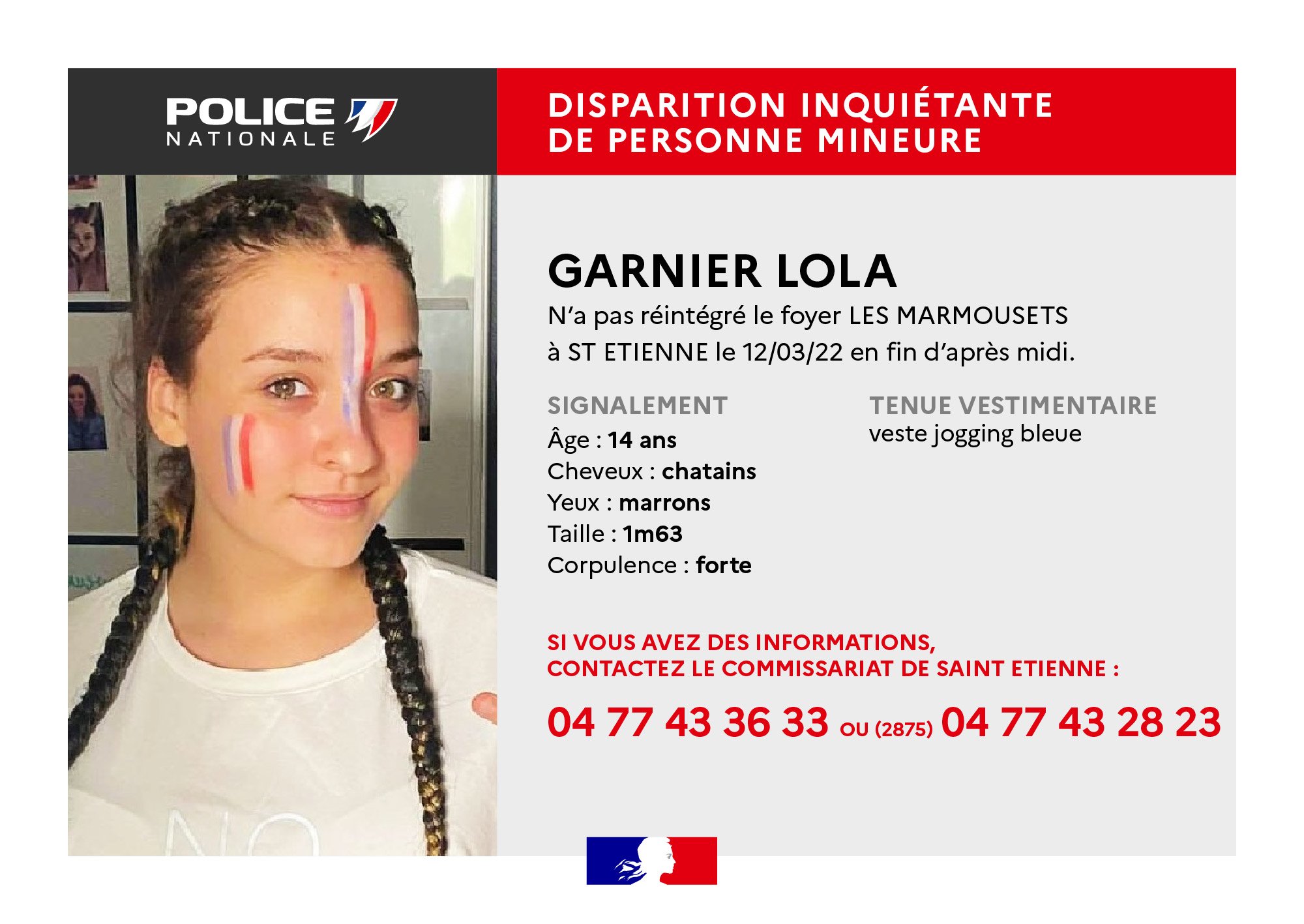 Saint Etienne La Police Nationale Lance Un Appel A Temoins Apres L Inquietante Disparition D Une Fille De 14 Ans