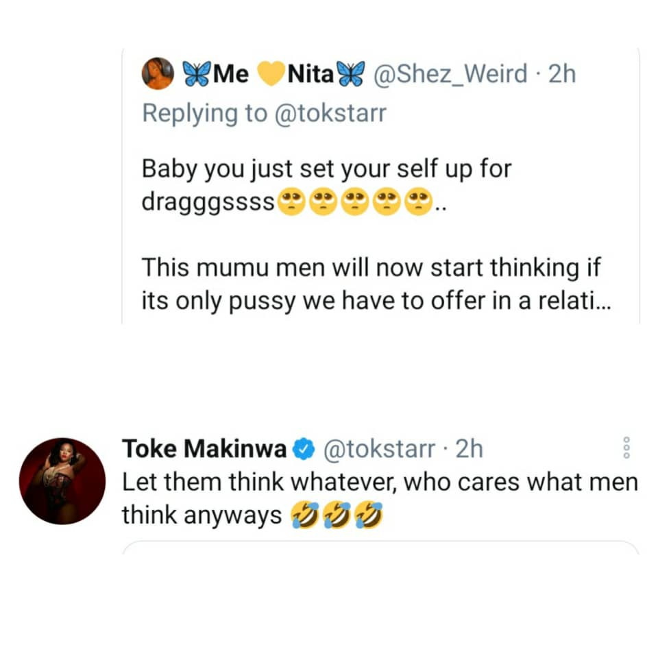 Toke Makinwa reacts as Twitter users slam her for equating money from men to sex from women