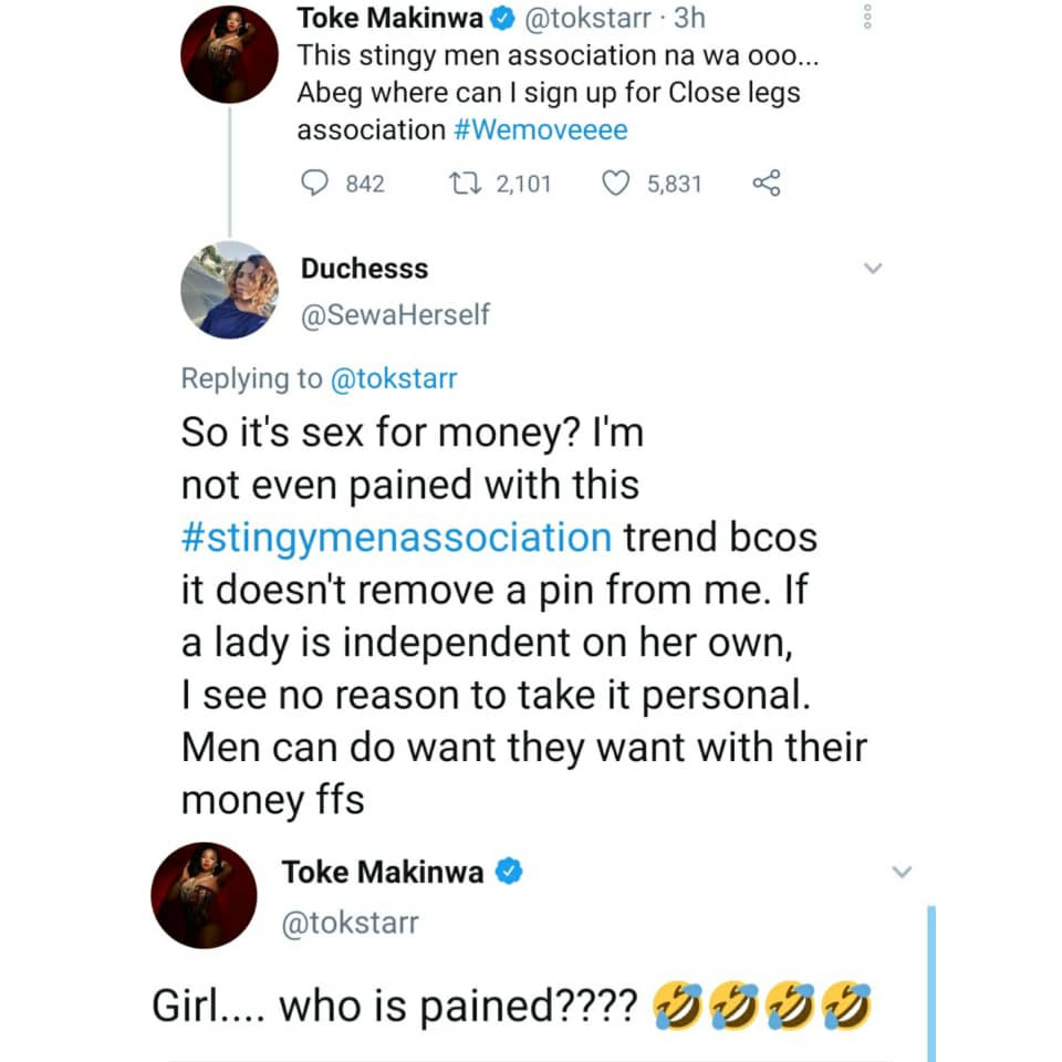 Toke Makinwa reacts as Twitter users slam her for equating money from men to sex from women