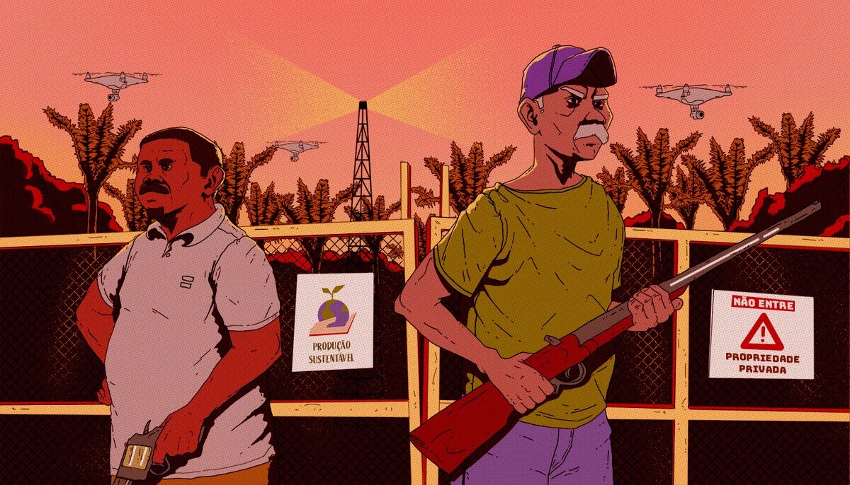 Na ilustração, dois homens aparecem armados em frente à uma cerca com placas de propriedade privada. Dentro, há uma plantação com drones sobrevoando e no meio, um poste de luz.