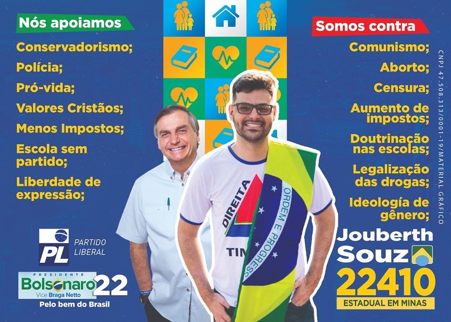 Flyer de campanha de Jouberth Souza, nele aparece o candidato a reeleição Jair Bolsonaro.