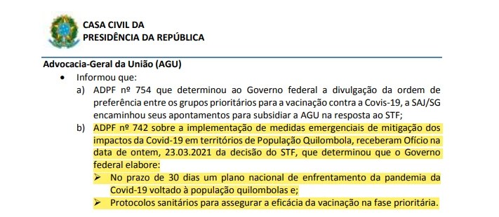 Trecho de ata do Comitê de Crise da Covid-19 sobre as ações de enfrentamento ao vírus em territórios quilombolas