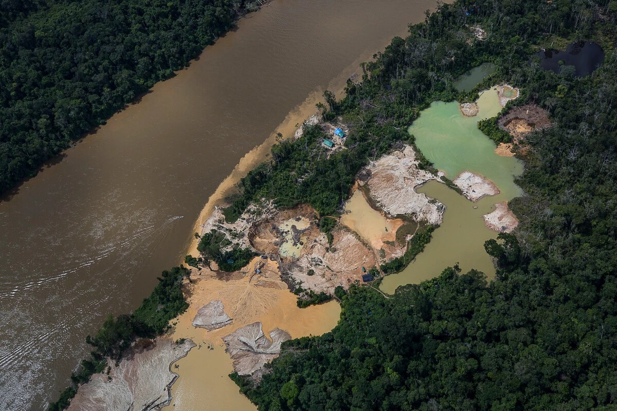 A imagem mostra dragas de garimpo ilegal em meio a floresta amazônica