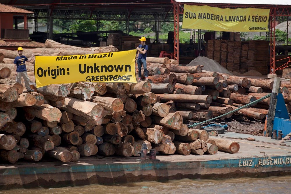 Imagem de campanha do Greenpeace contra madeireiras que exportam madeira ilegal da Amazônia para o mundo. Na imagem é possível ver um cartaz em amarelo do Greenpeace com os dizeres em preto "Made in Brazil", seguida de "Origin: Unknown" em meio à centenas de toras de madeira