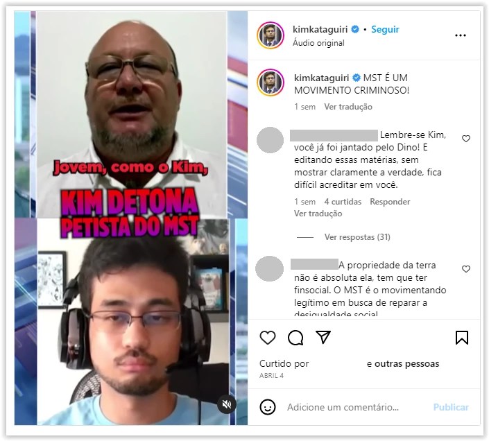 Print de publicação do Instagram do deputado Kim Kataguiri (UB-SP), chamando o MST de movimento criminoso.