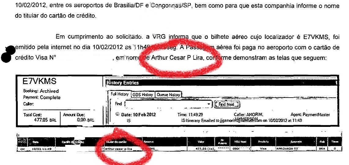 Ofício da empresa aérea GOL confirma que cartão de crédito pessoal de Arthur Lira pagou passagem de Jaymerson