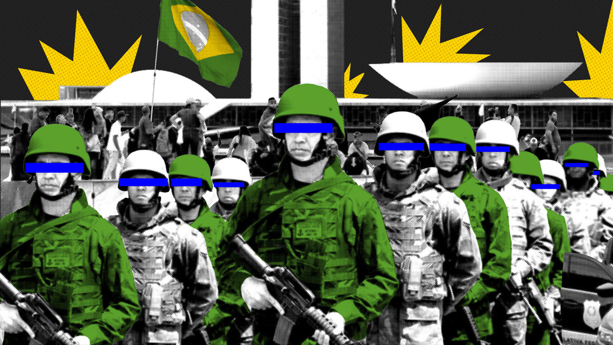Ilustração mostra militares em frente à Praça dos Três Poderes em Brasília