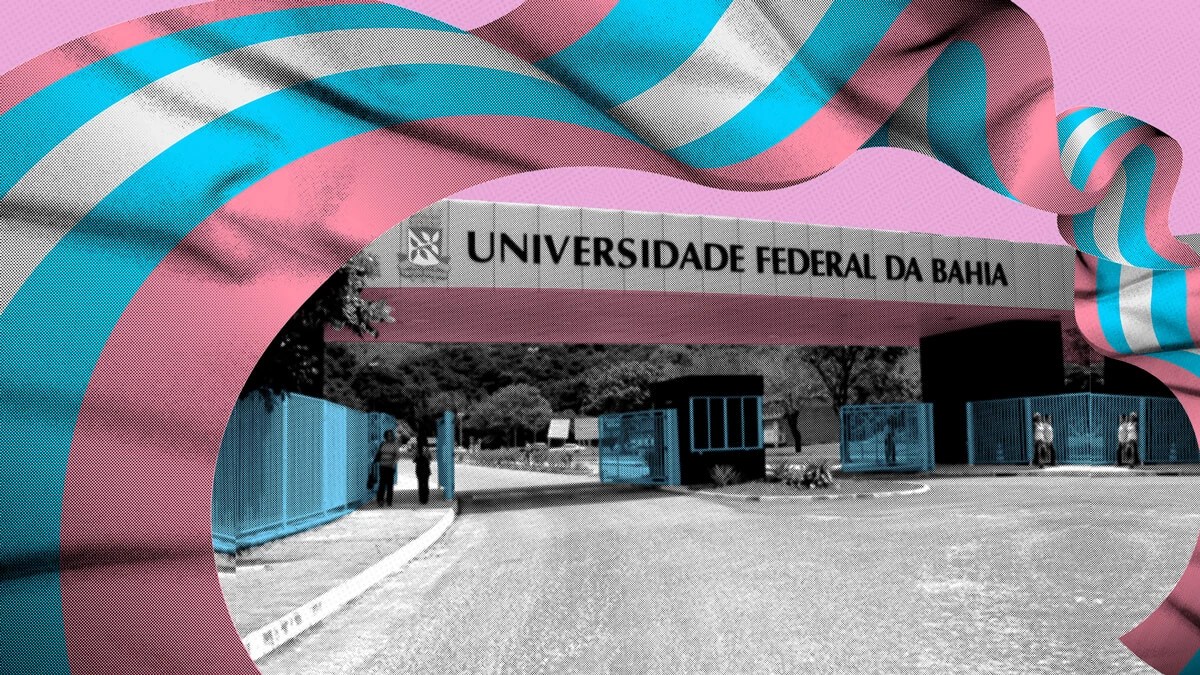Colagem mostra fachada da universidade federal da bahia com uma bandeira da comunidade trans por cima