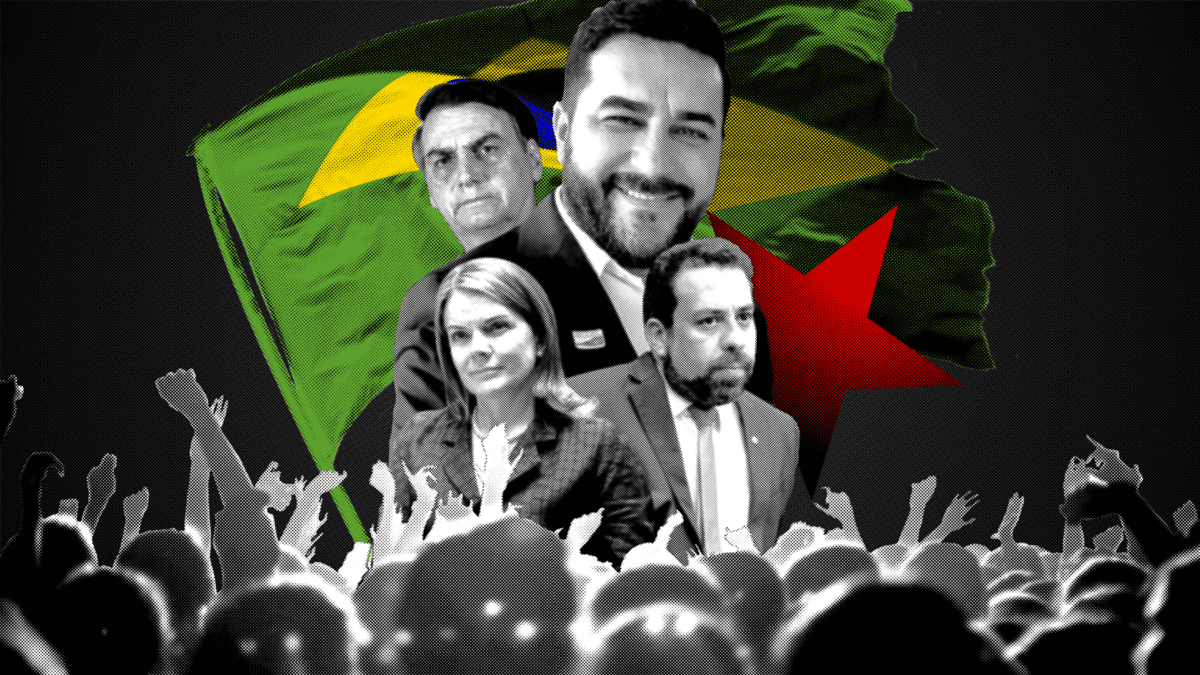 Colagem mostra Jackson Vilar a frente da bandeira do Brasil e de uma estrela vermelha. Ao seu redor estão o ex presidente Jair Bolsonaro, Guilherme Boulos e Gleisi Hoffmann