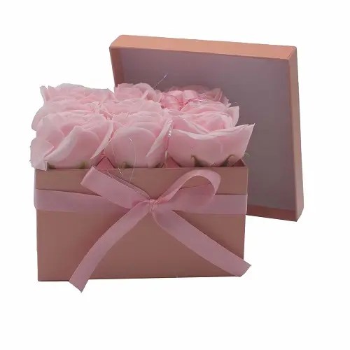 Caixa com flores de sabão - 9 Rosas Rosa - Quadrado