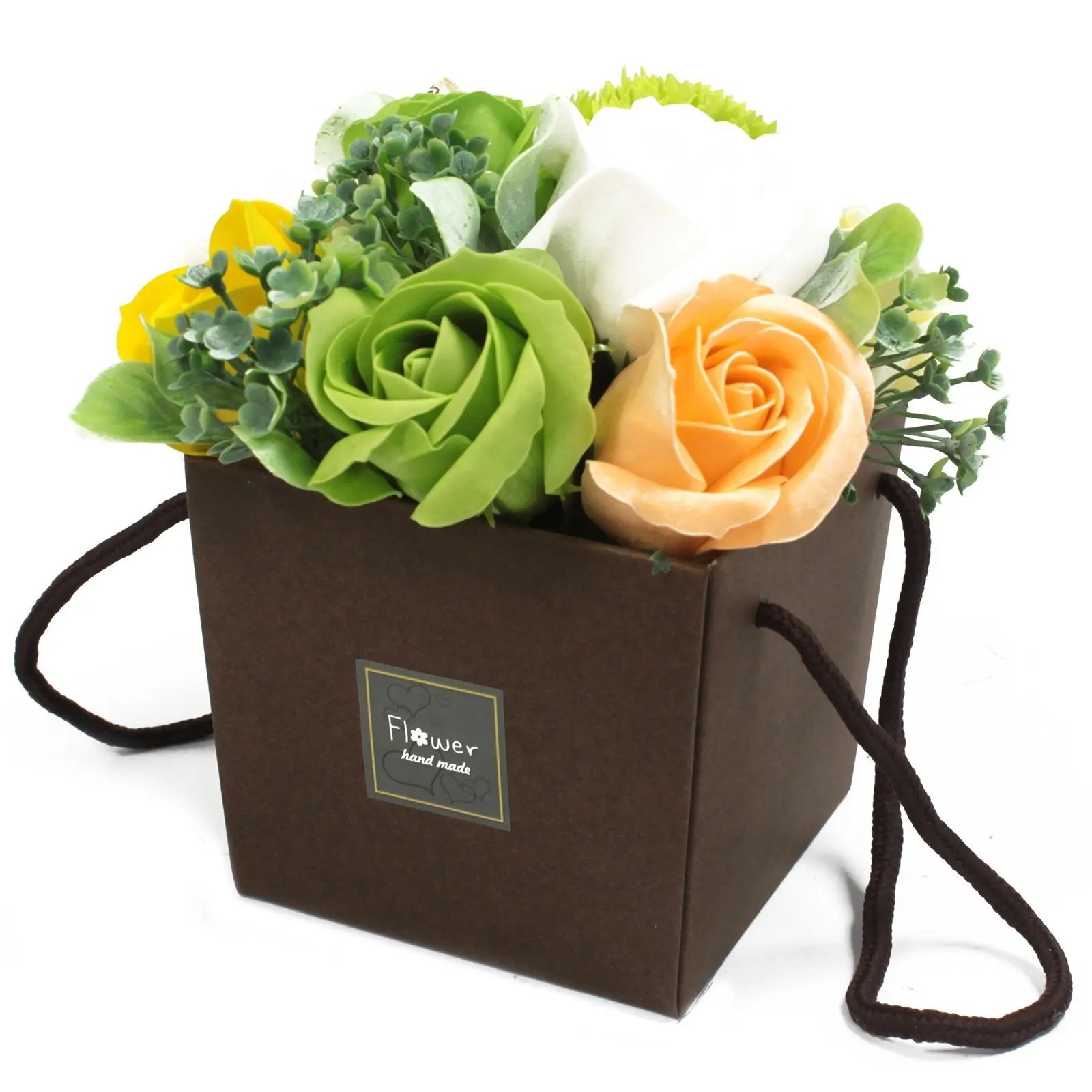 caixa com flores de sabão verde
