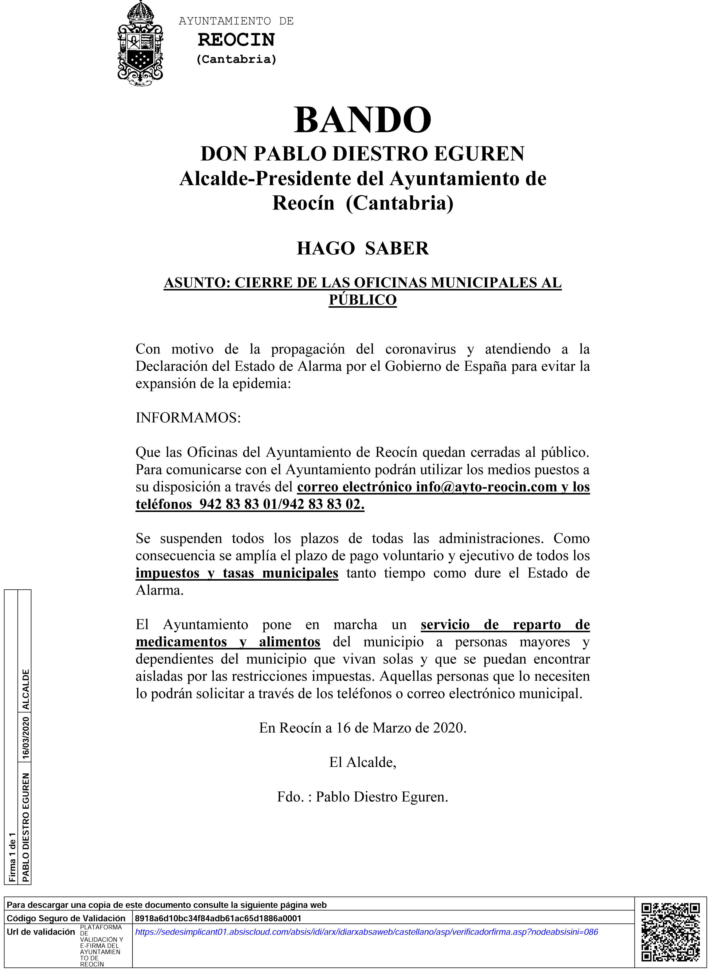 Bando De Alcaldia Sobre El Cierre De Oficinas Municipales Aplazamiento De Tributos Y Servicio De Reparto De Alimentos Y Medicinas A Personas Mayores Y Dependientes Pagina Web Oficial Del Excelentisimo Ayuntamiento
